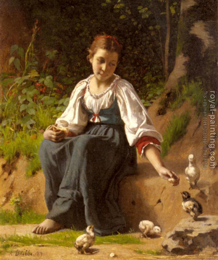 Francois Alfred Delobbe : A Young Girl feeding Baby Chicks